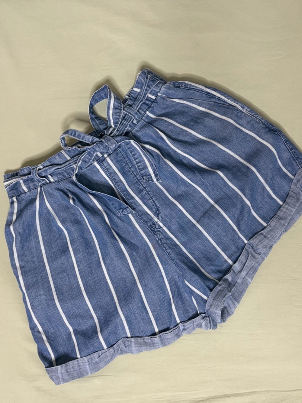 Blue Chambray Striped Paperbag Waist Shorts Tie Front Elastic Waist Medium
